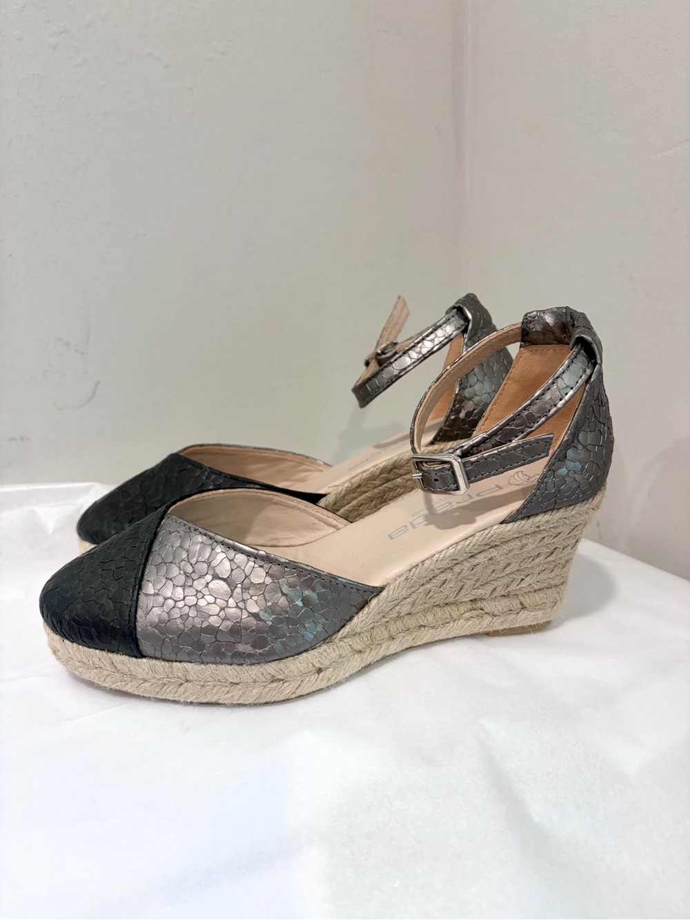 Prada MEXICO Snake Print Leather Metallic Color-block Espadrille Wedge Sandals